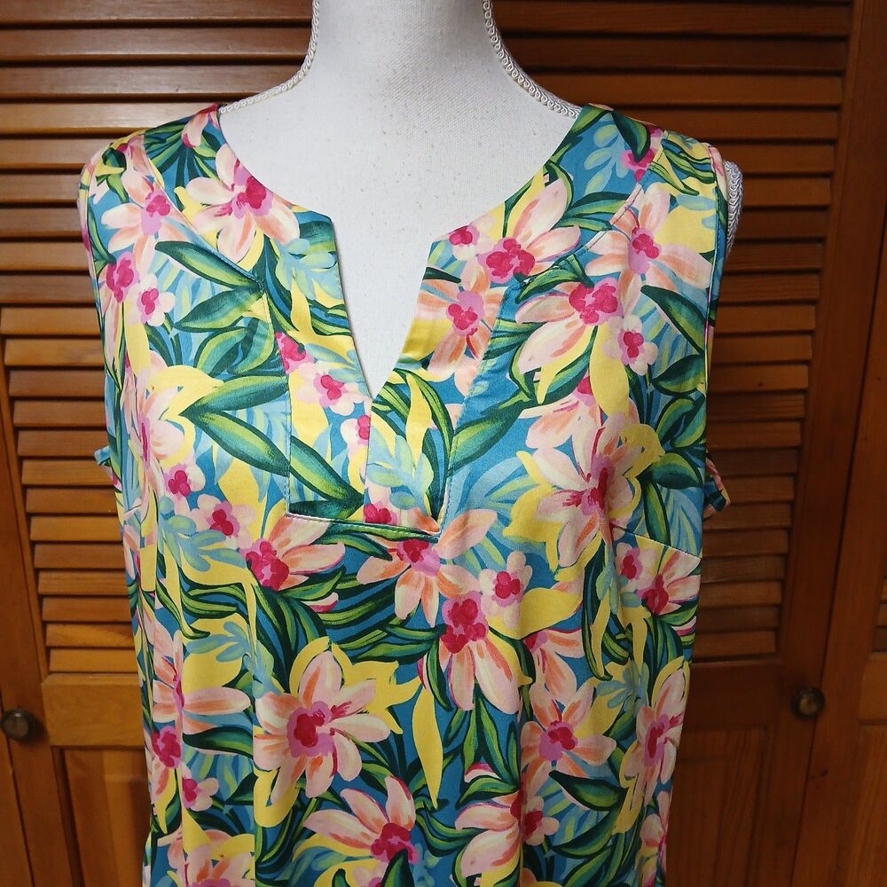 Caribbean Joe Women's Tropical Floral Sleeveless Blue Pink Shift Dress Large - Picture 3 of 9